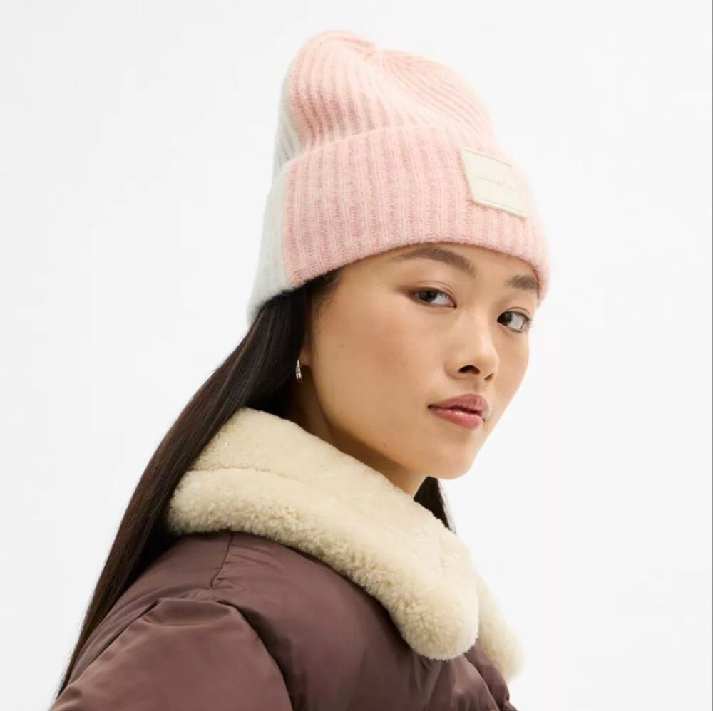 Coach Pink and White Color Block Beanie With Logo New